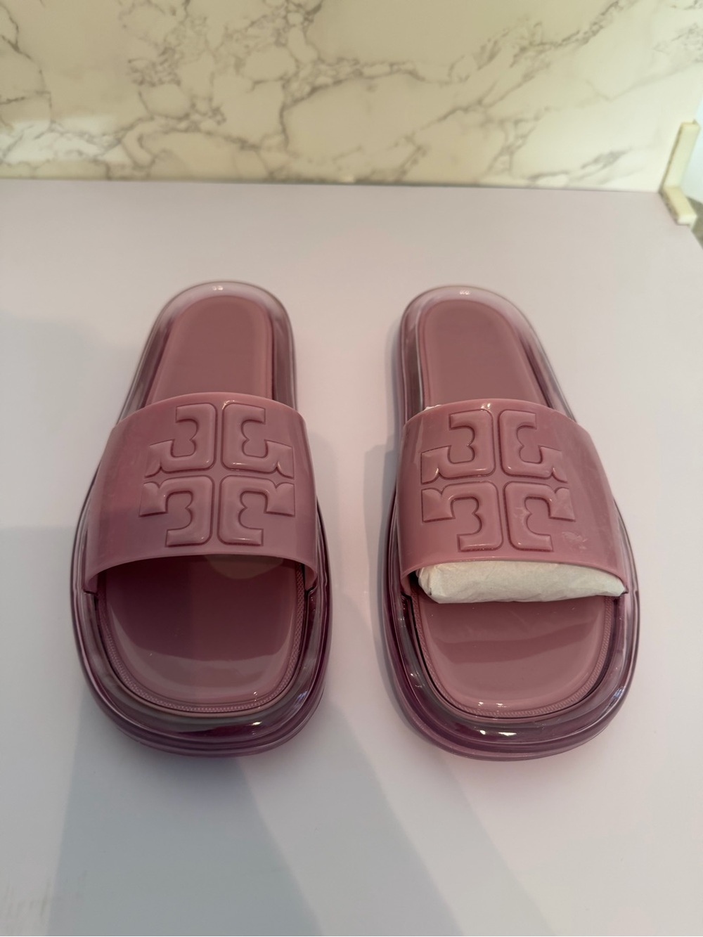 Tory Burch Mauve Logo Jelly Slide Sandals